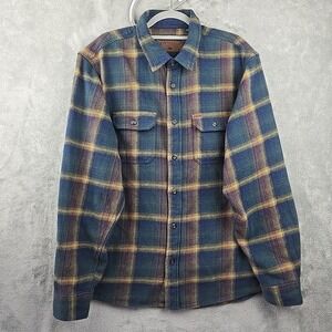 Orvis Big Bear Flannel Shirt Shacket Mens XL Blue‎ Brown Plaid Pockets Button